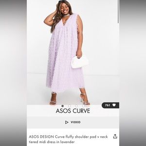 ASOS DESIGN Curve fluffy shoulder pad v-neck tiered midi dress in lavender.